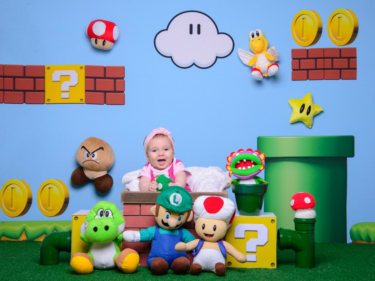 Sessão Dia dos Pais, estrela, Mário, Luigi, moedas, cogumelo, tartaruga, jacaré, nuvem, brincadeiras.
