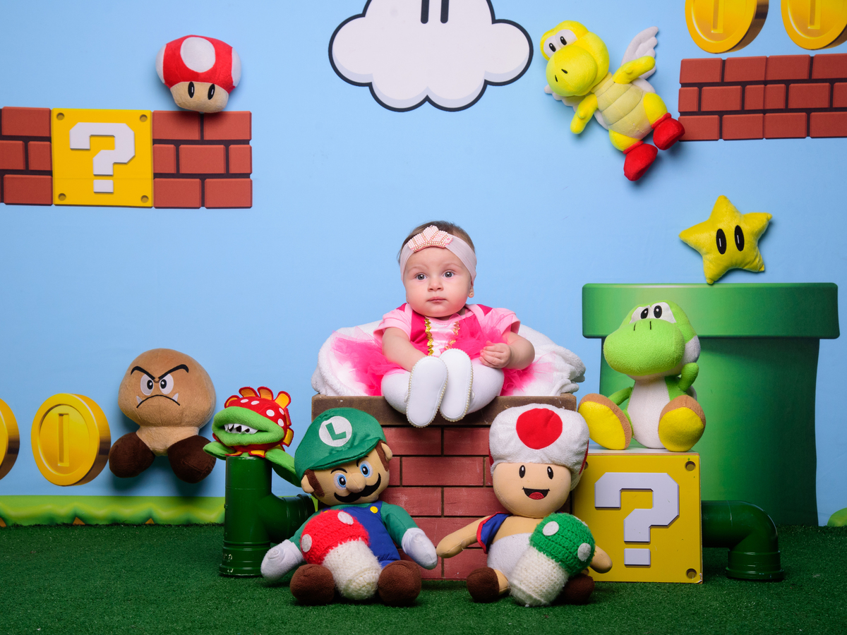 Sessão Dia dos Pais, estrela, Mário, Luigi, moedas, cogumelo, tartaruga, jacaré, nuvem, jogos, vídeo game. princesa peach