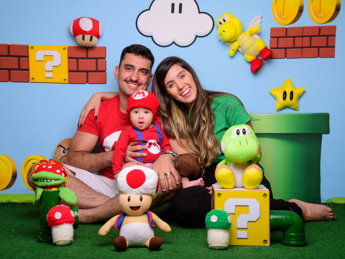 Sessão Dia dos Pais, estrela, Mário, Luigi, moedas, cogumelo, tartaruga, jacaré, nuvem, jogos, vídeo game, 