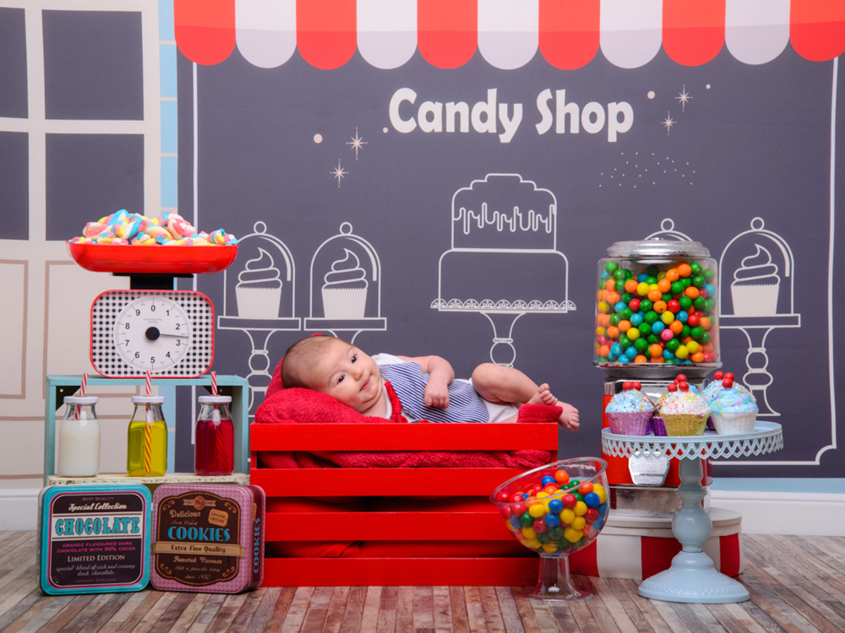 Sessão Candy Shop, guloseimas, bala, pirulito, caixa de madeira, cores, sorvete, alegria, bolo, cup cake, jujuba, balança, sucos.