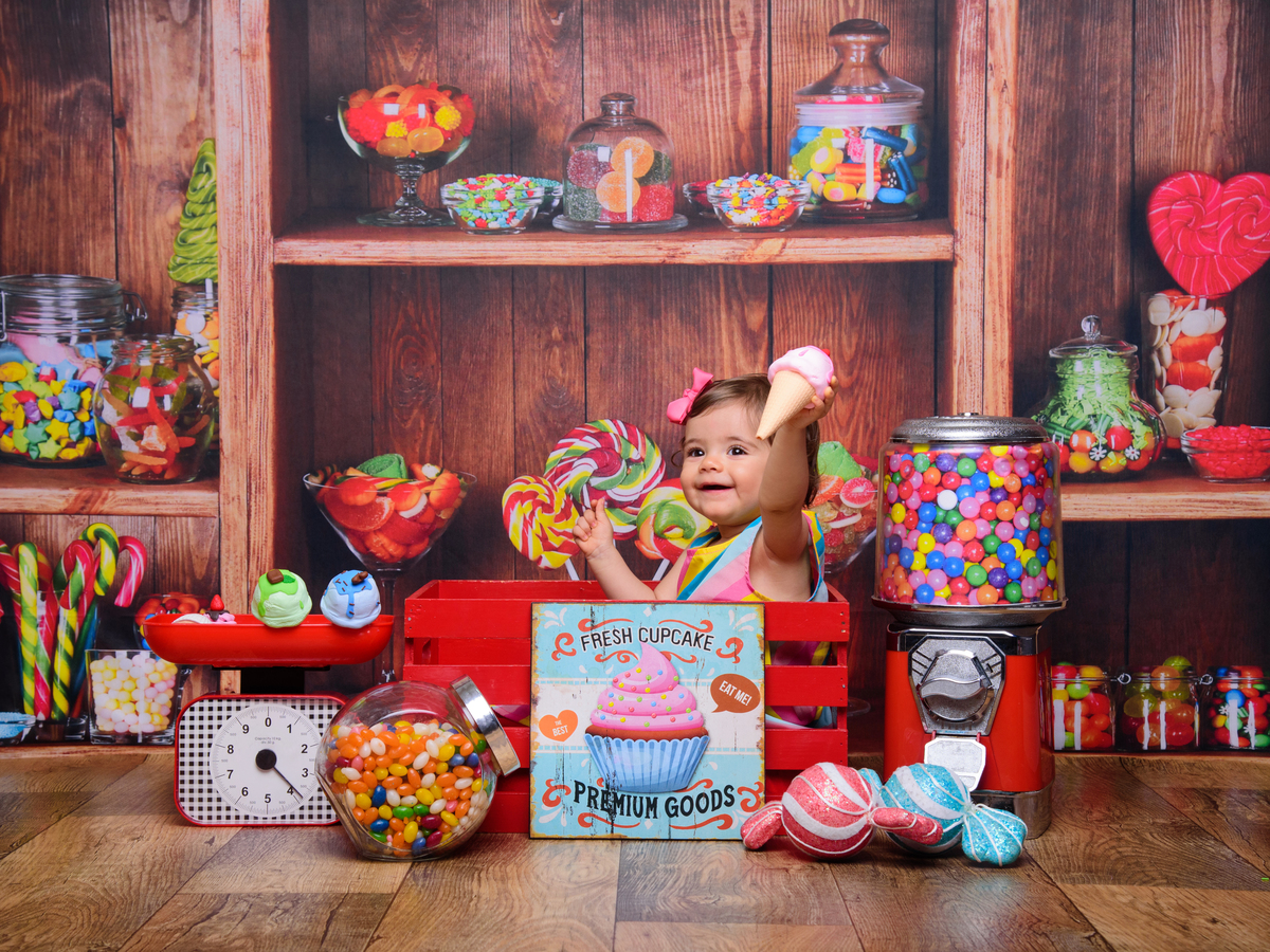 Sessão Candy Shop, guloseimas, bala, pirulito, bolo, cup cake, jujuba, balança.