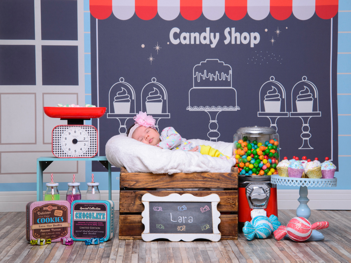 Sessão Candy Shop, guloseimas, bala, caixa de madeira, cup cake, balança, sono.