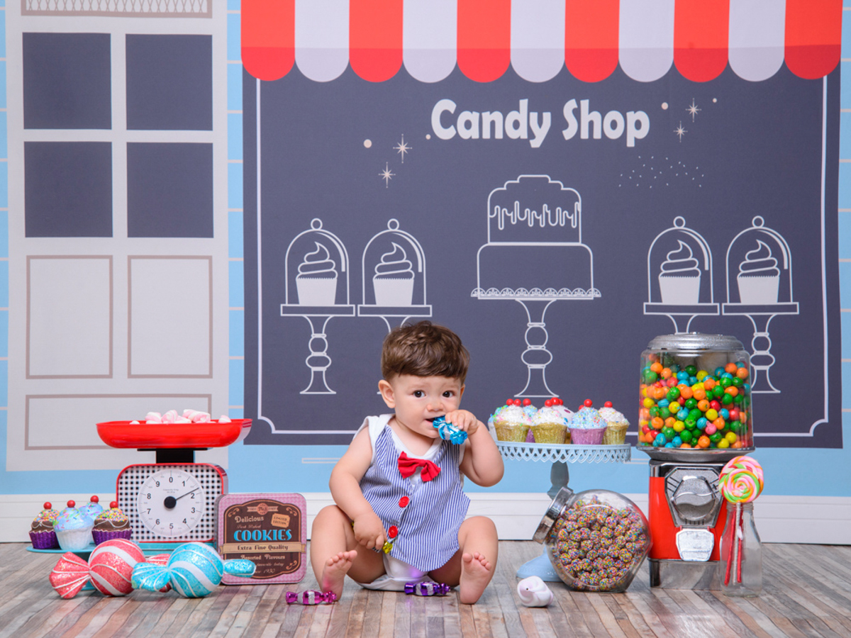 Sessão Candy Shop, guloseimas, bala, pirulito, bolo, cup cake, jujuba, balança.