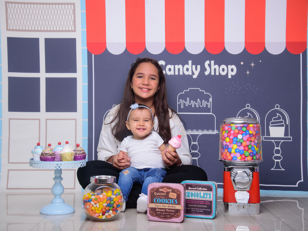 Sessão Candy Shop, guloseimas, bala, pirulito, bolo, cup cake, jujuba, balança.