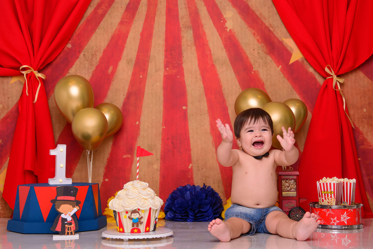 sessão de aniversario, 1 ano do bebê, aniversario de um ano, tema circo, leão, palhaço, pipoca, picadeiro, ensaio infantil, foto de bebê, smash the cake, 