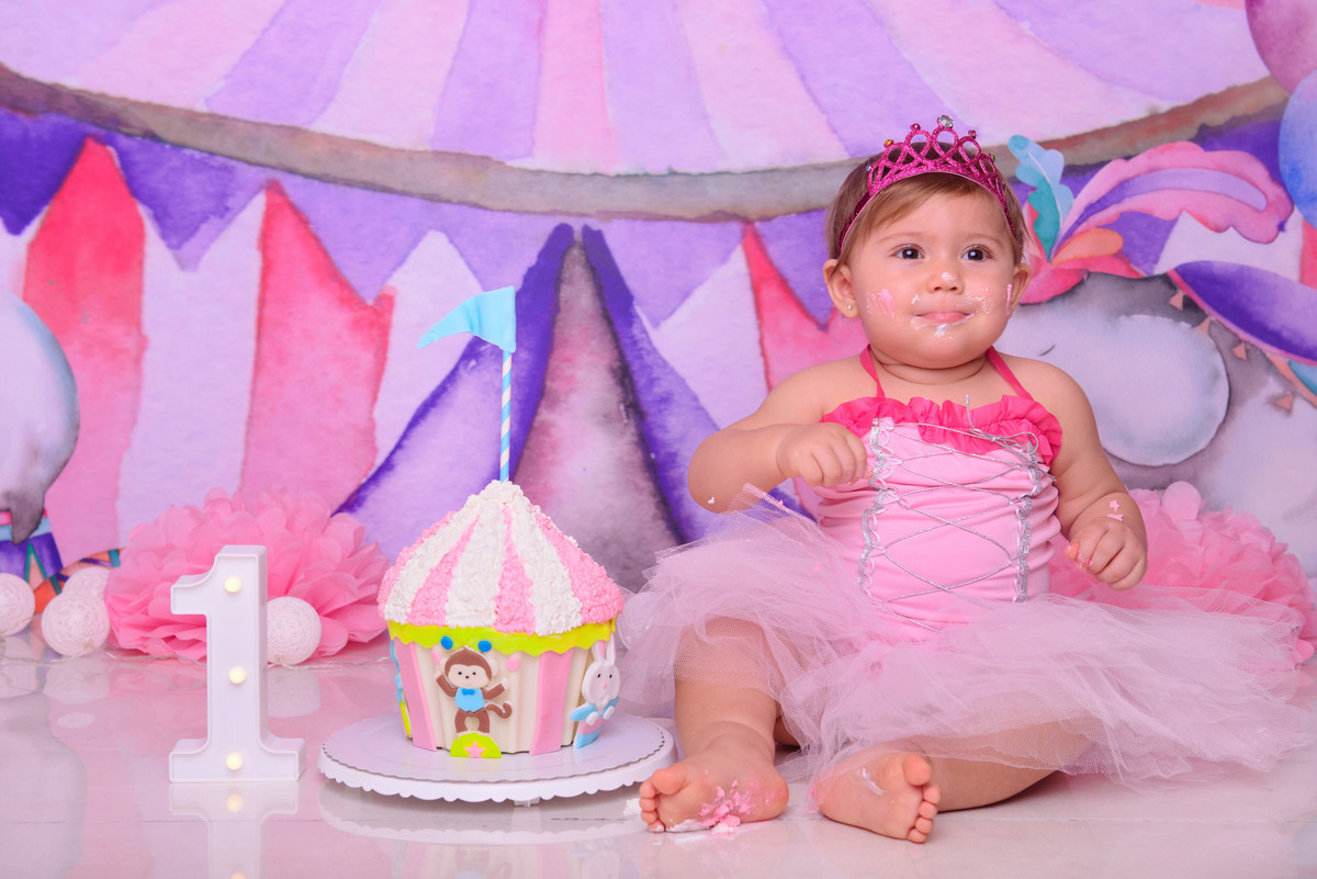 sessão de aniversario, 1 ano do bebê, aniversario de um ano, tema circo, leão, palhaço, pipoca, picadeiro, ensaio infantil, foto de bebê, smash the cake, bailarina, circo rosa