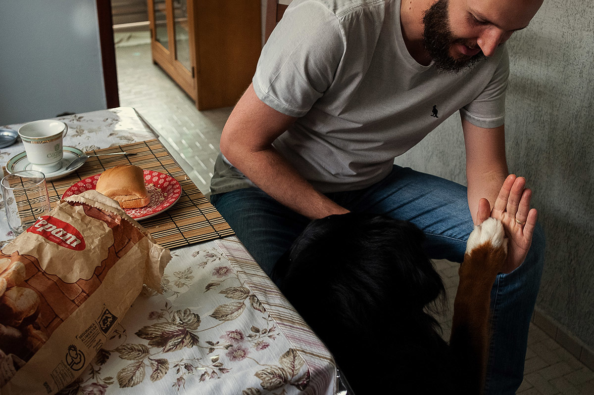 cachorro esperando o dono dar um pedaço de pão, com os olhar de piedade, fotografia de família.
Fotografia documental de família. café matinal.