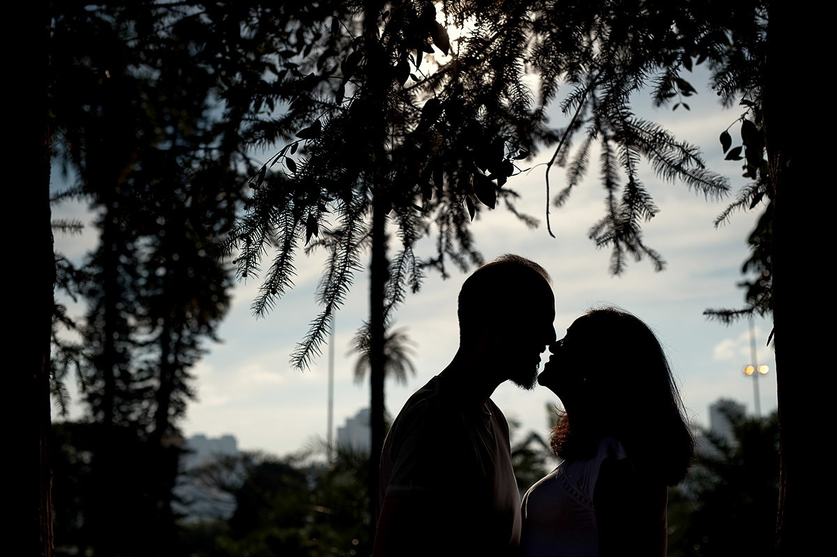 Ensaio fotográfico diferente do comum, fotos de gestante em parque. Silhueta e moldura das arvores. Fotografia Paulo Araujo