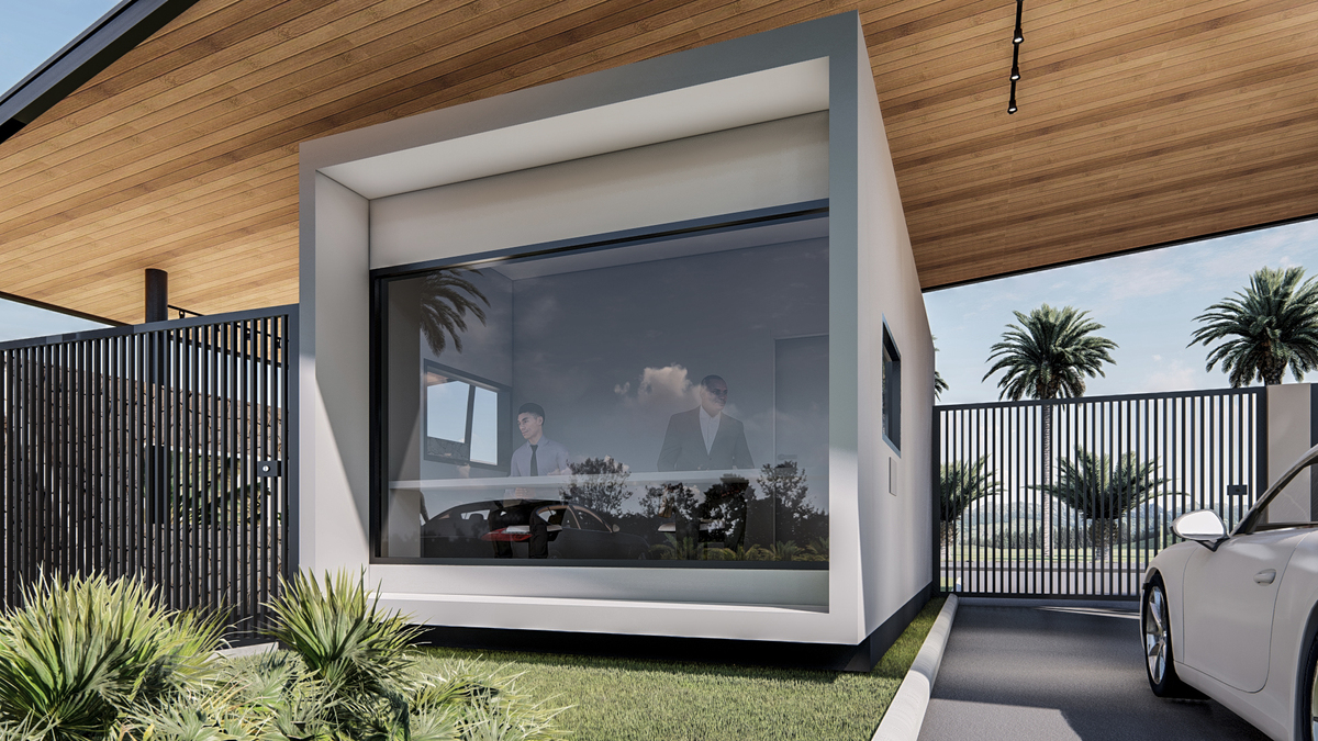 #ParaCegoVer: Render colorido da portaria do condomínio Praça do Shangrilá com dois seguranças na guarita