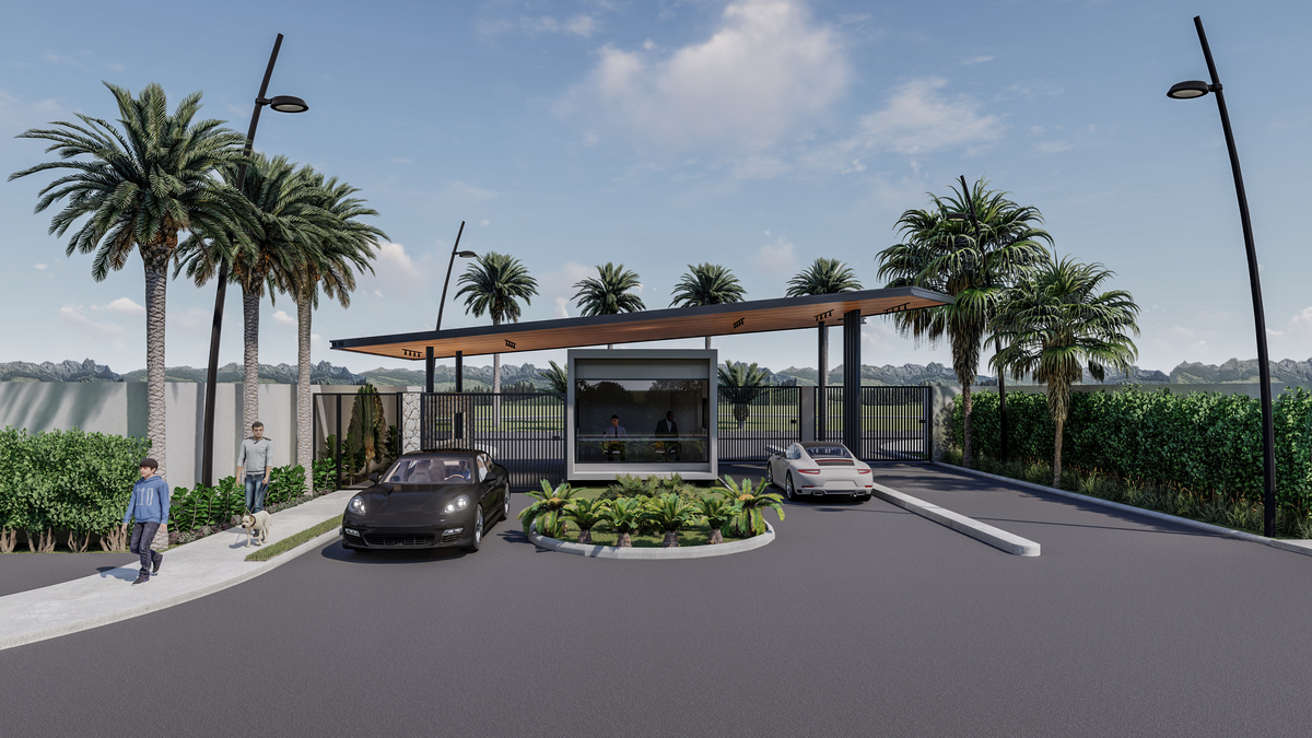 #ParaCegoVer: Render colorido da portaria do condomínio Praça do Shangrilá.
Portaria branca com janelas de vidro e cobertura em balanço de madeira, na pista carro branco entrando e preto saindo