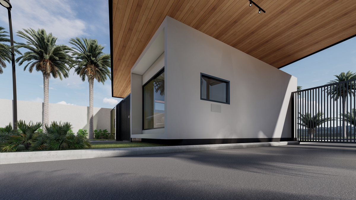 #ParaCegoVer: Render  lateral colorido da portaria do condomínio Praça do Shangrilá 