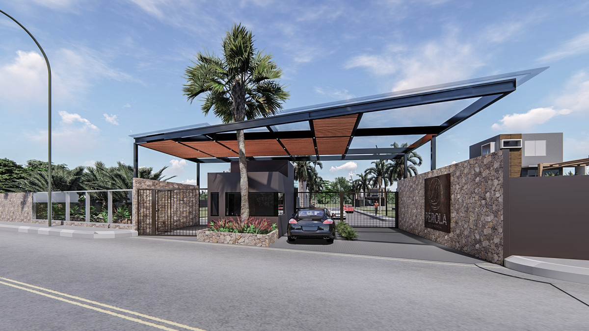 Com muro de pedras amoledo, cobertura de madeira e vidro com espaço furo para passagem de árvore.
Portaria central na cor marron e uma carro preto entrando e ao fundo o céu