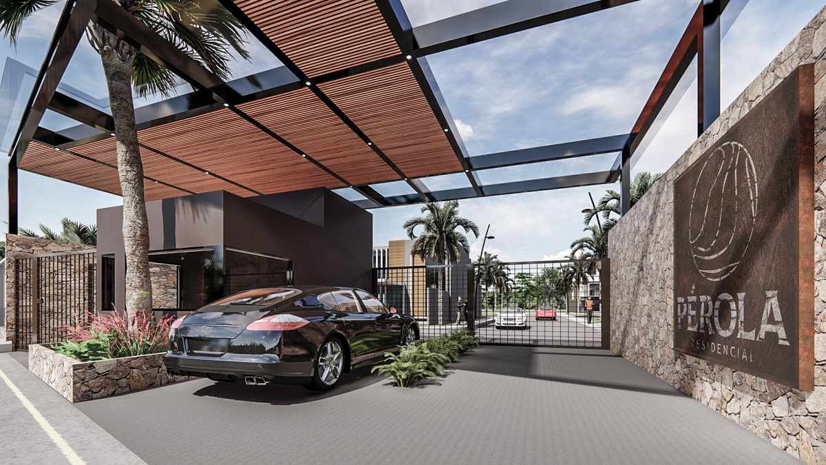 Com muro de pedras amoledo, cobertura de madeira e vidro com espaço furo para passagem de árvore.
Portaria central na cor marron e uma carro preto entrando e ao fundo o céu