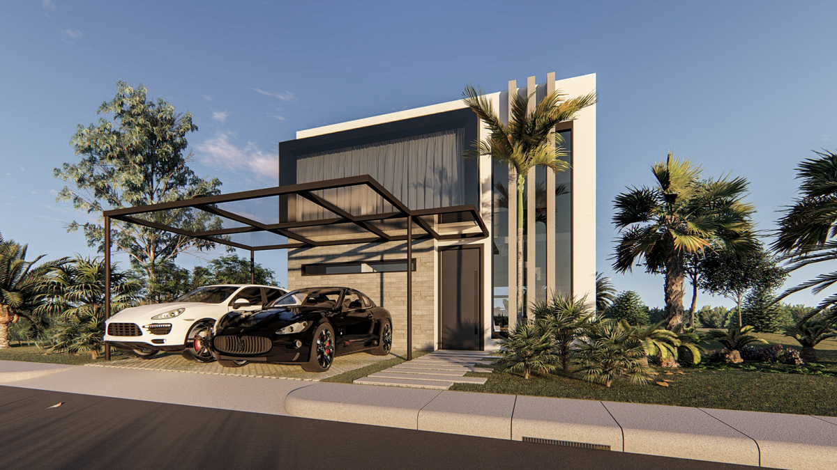 #ParaCegoVer:  Render de fachada lateral com dois pavimentos com garagem com cobertura de estrutura metálica de vidro para dois carros