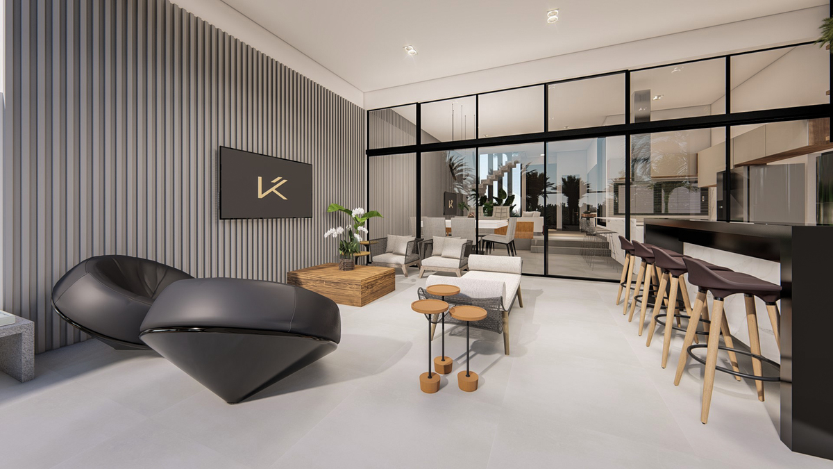 #ParaCegoVer:  Render de área gourmet com paínel ripado cinza e tv na parede, ao fundo porta de vidro até o teto e ilha  com pedra preta e banquetas preta e madeira 