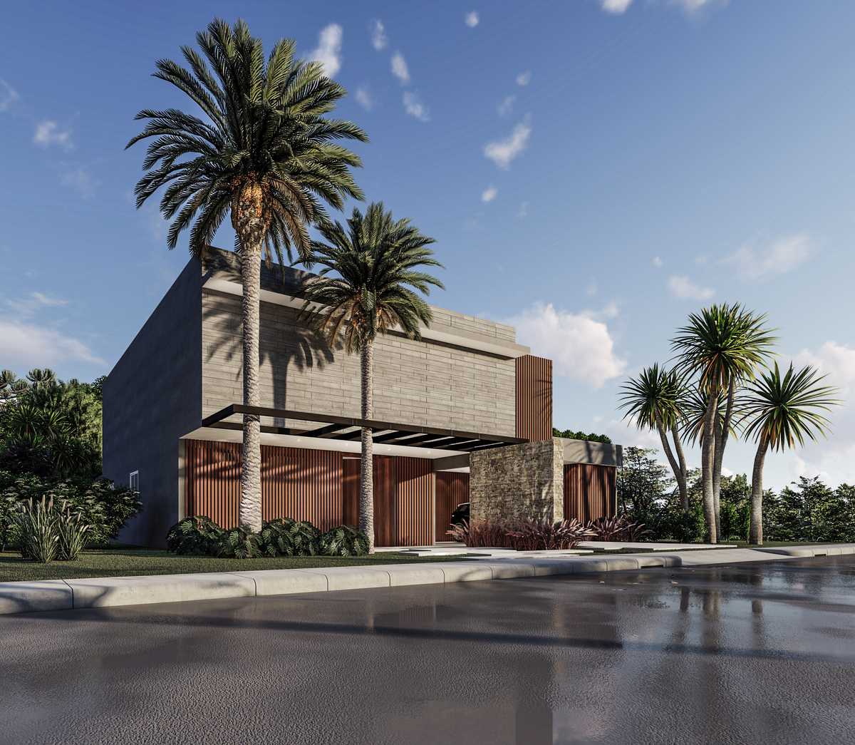 #ParaCegoVer: Fachada Lateral de residencia de dois pavimento sendo o térreo de madeira e superior de tijolos.
Na entrada dois coqueiros e aos fundo céu azul com poucas nuvens