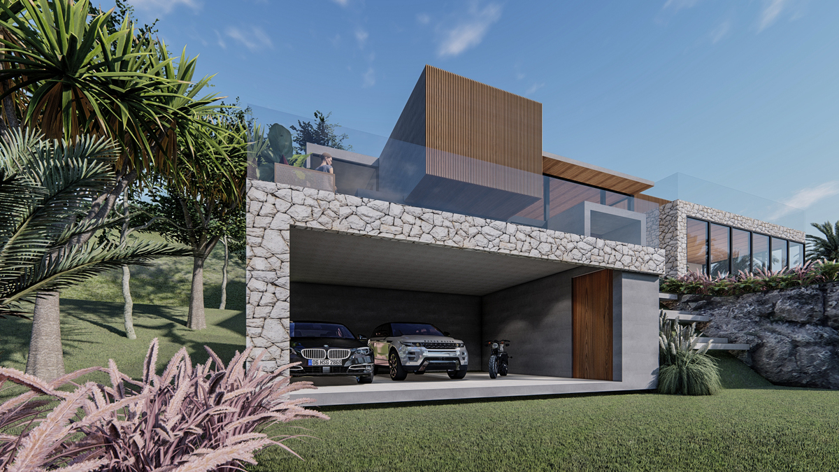 #ParaCegoVer: Garagem para dois carros com piso, parede e teto de cimento, e porta de madeira no canto direto que dá acesso a uma escada descoberta.
No pavimento superior temos guarda corpo de vidros e paredes de madeira, e o céu com poucas nuvens