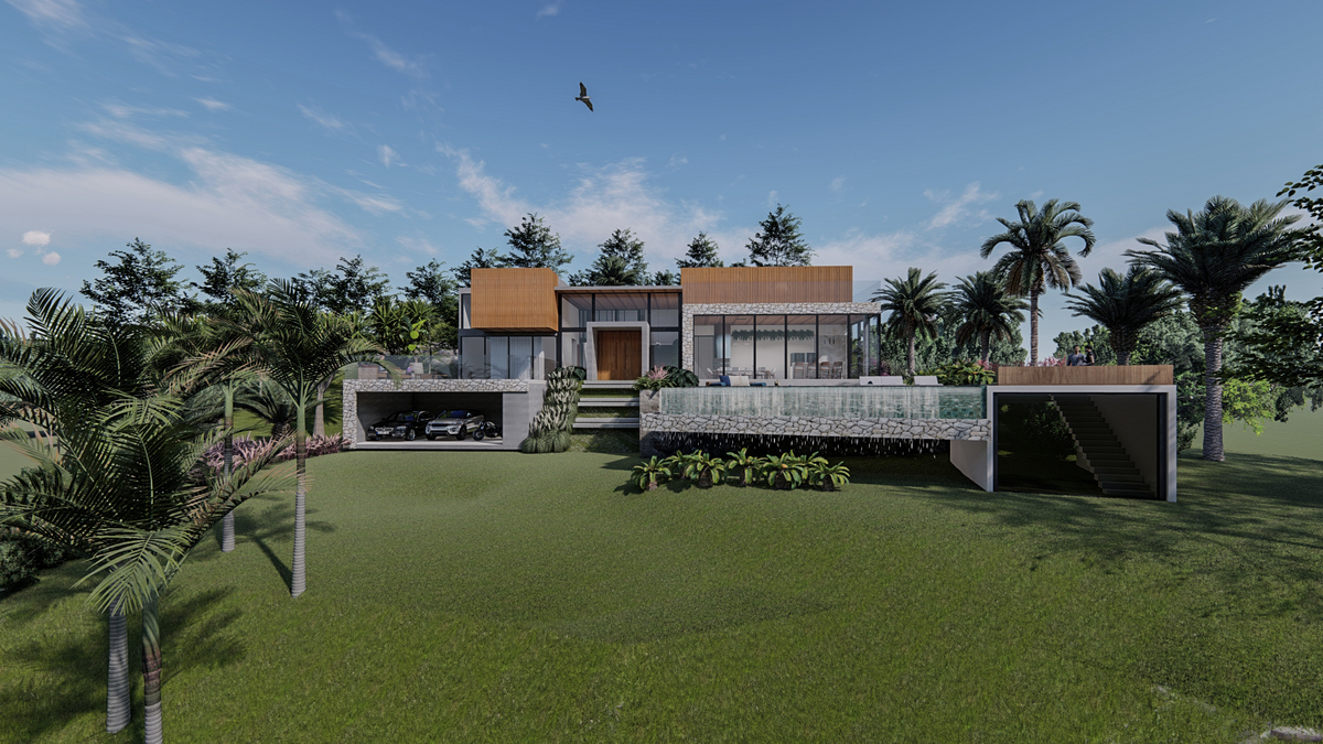 #ParaCegoVer:  Panorama Geral da Residência com vegetação no entorno, céu azul com poucas nuvens e uma ave sobrevoando.