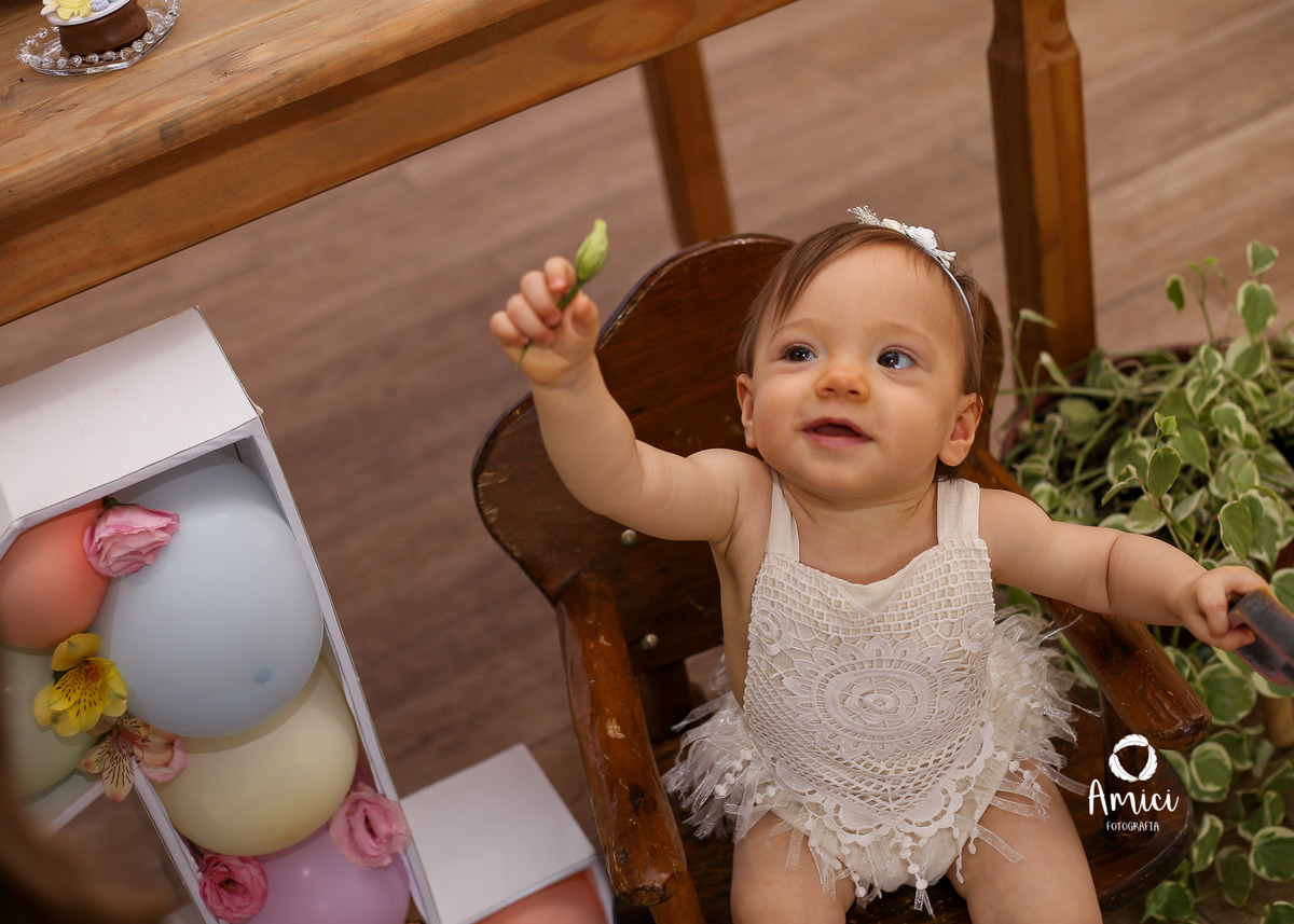 aniversário infantil, bebê brincando com flor.