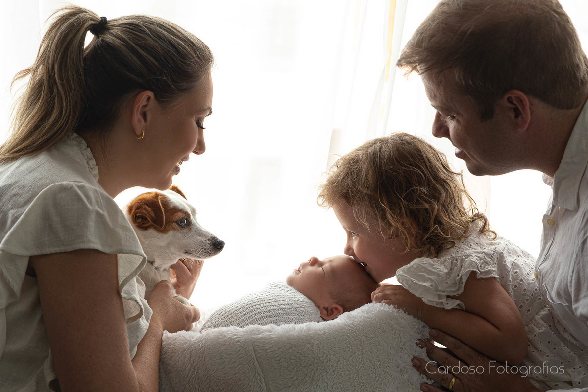 família de 4 pessoas e um pet posa em ensaio fotográfico e irmãzinha beija o irmão newborn