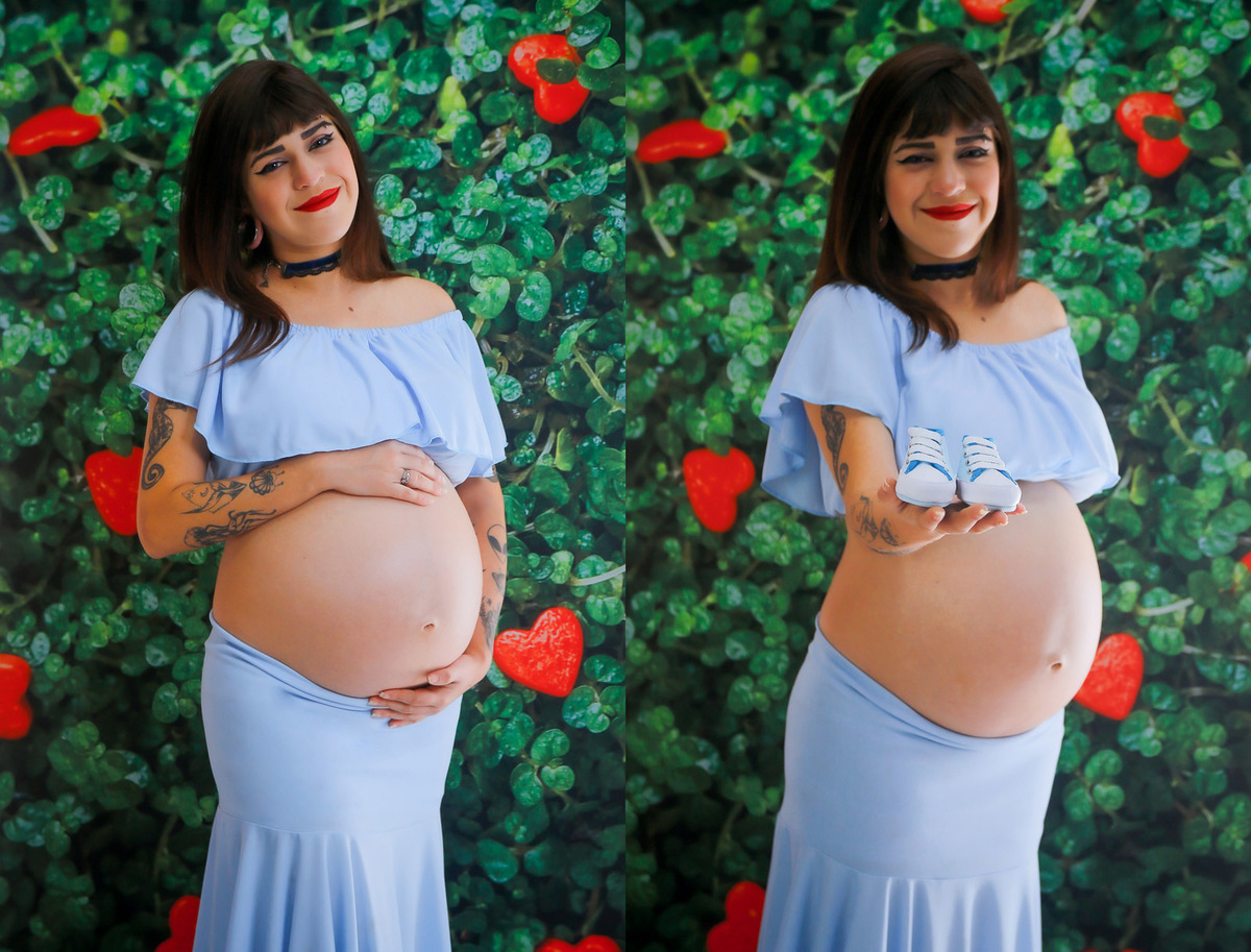 gestante no muro verde 