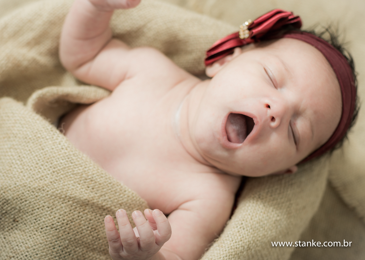 Newborn Lorena com 26 dias. Envolvida com tecido de estopa  dando uma super bocejada. Fotos feitas em Campo Grande-MS, pelo fotógrafo Pedro Stanke.