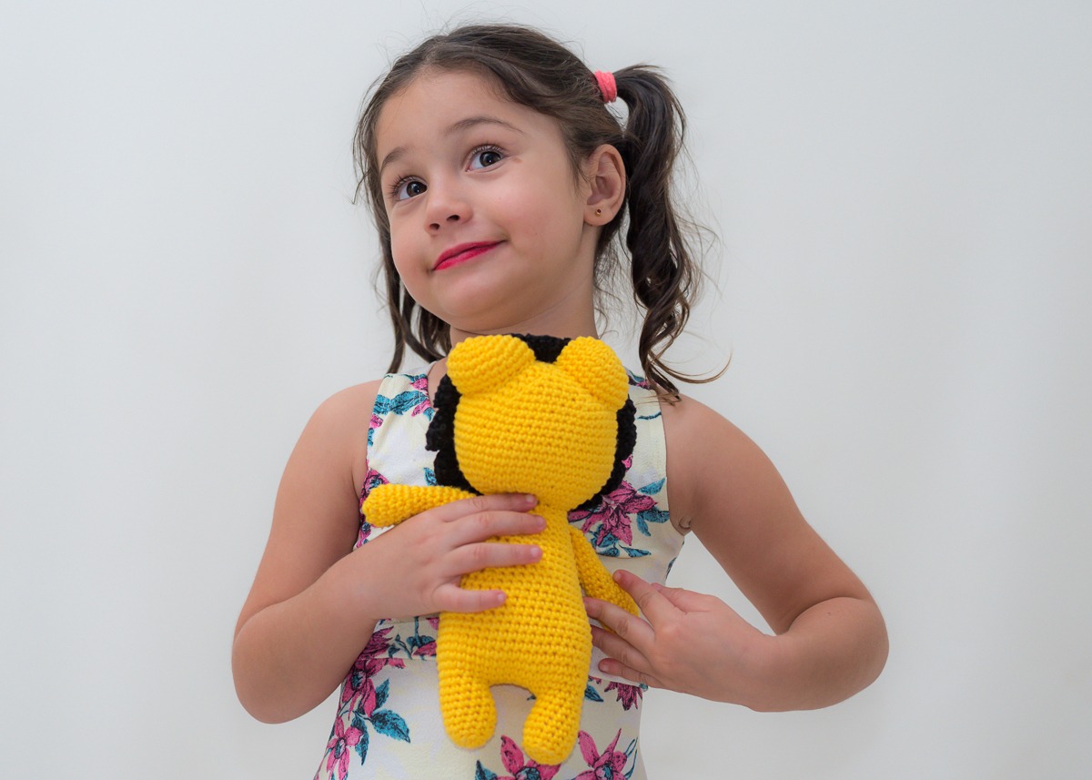 Ensaio da Ana com 06 anos, com o leozinho amarelo de crochê, junto ao colo. Fotos feitas por Pedro Stanke, em Campo Grande-MS 