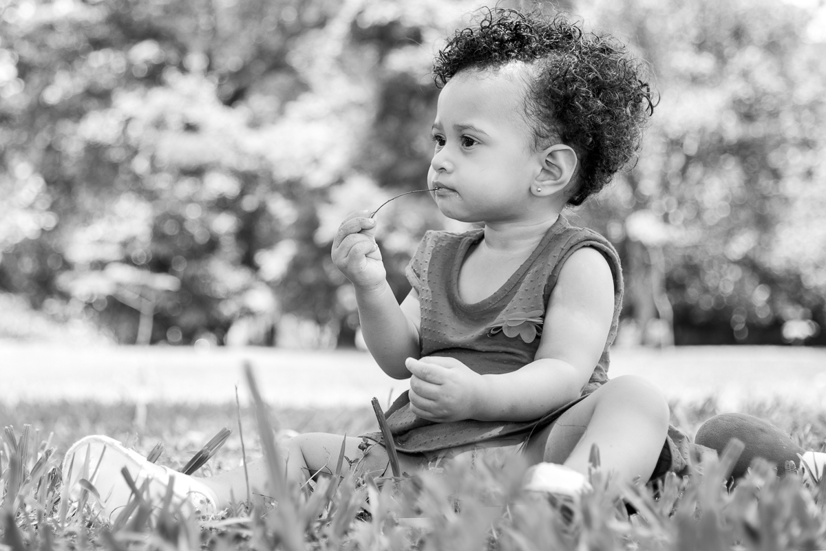 Foto preto e branco do Ensaio Ana primeiro aninho. Ana sentada na grama, seria e com um galhinho na boca, super  delicioso. Fotos feitas em Campo Grande-MS, por Pedro Stanke.
