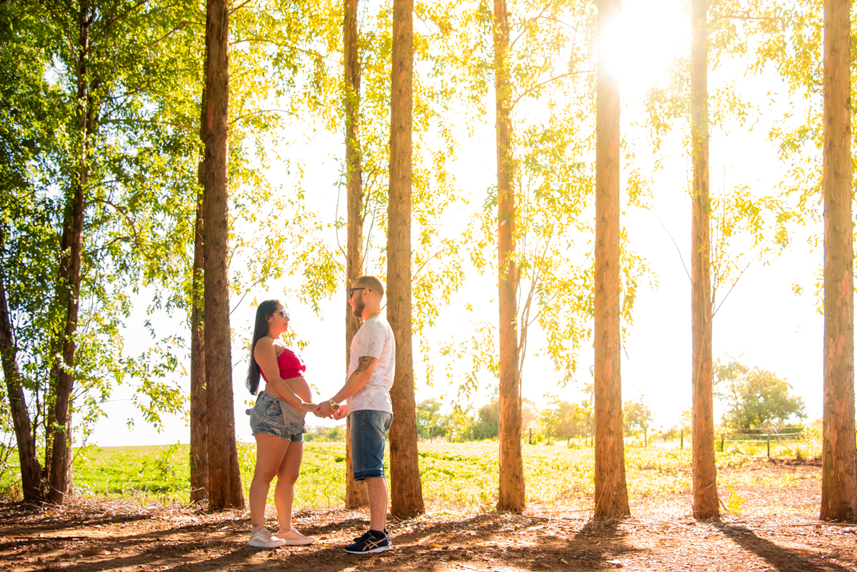 Ensaio gestante, Casal de frente e com as mãos dadas, e estão em uma estrada com eucaliptos no fundo, com o sol entrando através das árvores. Fotos feitas em Campo Grande-MS, por Pedro Stanke, fotógrafo de família e fotógrafo de gestantes.