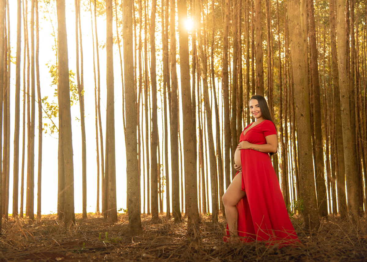 Ensaio gestante, Gestante com as mãos na barriga, com vestido vermelho, olhando para o fotógrafo, no meio dos eucaliptos, com sol entre as árvores. Fotos feitas em Campo Grande-MS, por Pedro Stanke, fotógrafo de família e fotógrafo de gestantes.