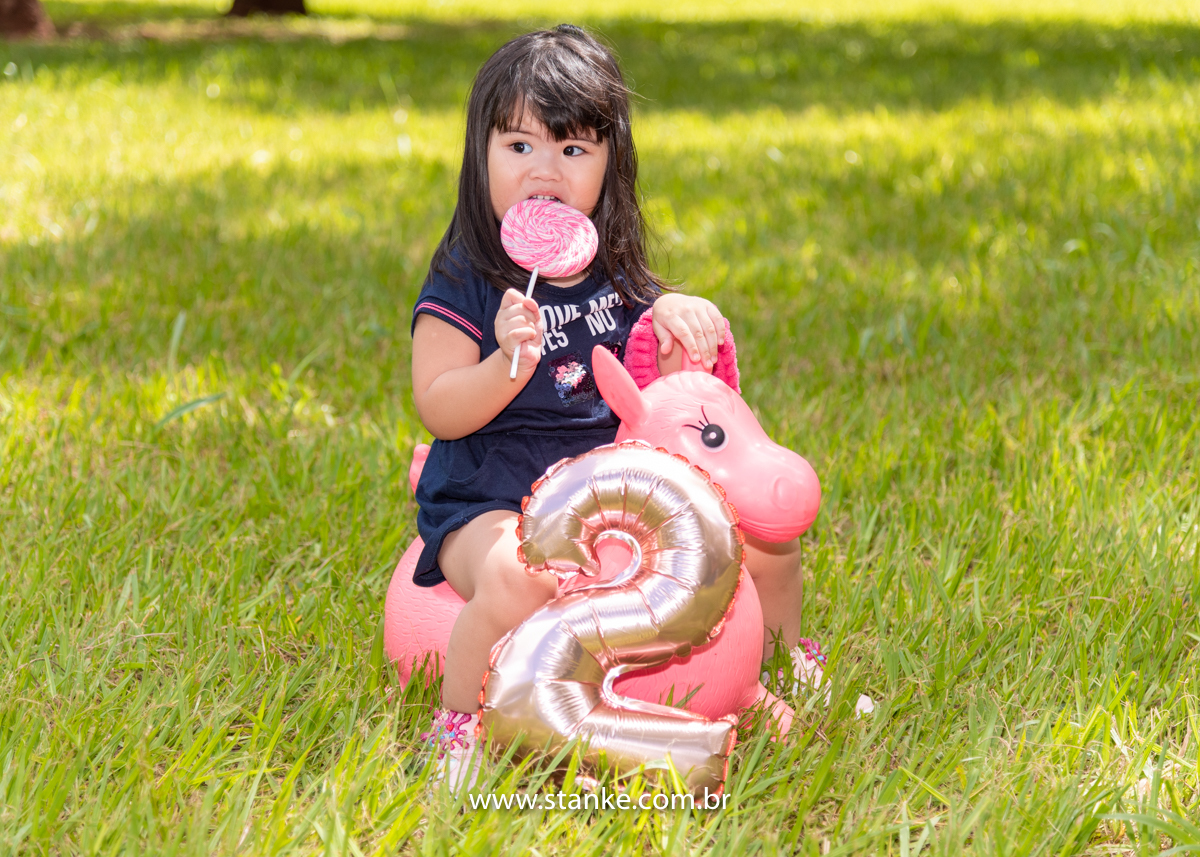 Ensaio Luísa de 2 anos, aniversariante com macacão azul, sentada no seu burrinho rosa, com seu enorme pirolito colorido e seu coelhinho no braço e um balão no formato do úmero 2 na frente. Fotos realizadas no Carandá Bosque, pelo fotógrafo Pedro Stanke. 