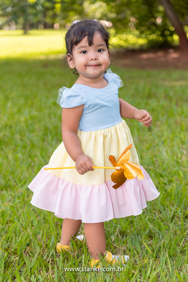 Ensaio infantil da Clara com 2 anos, Aniversariante, com seu vestido colorido, olhando para o fotógrafo e com seu catavento dourado em uma das mãos e um singelo sorriso. Fotos feitas no Bosque da Paz, pelo fotógrafo Pedro Stanke. 
