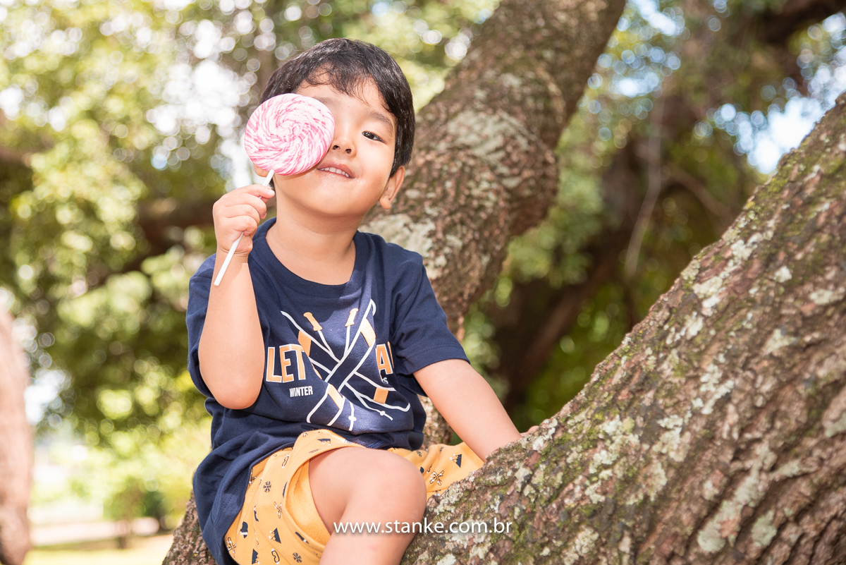 Ensaio infantil do Davi com 4 anos, Aniversariante, em cima da árvore e segurando um enorme pirulito e olhando para câmera. Fotos feitas no Bosque da Paz, pelo fotógrafo Pedro Stanke. 