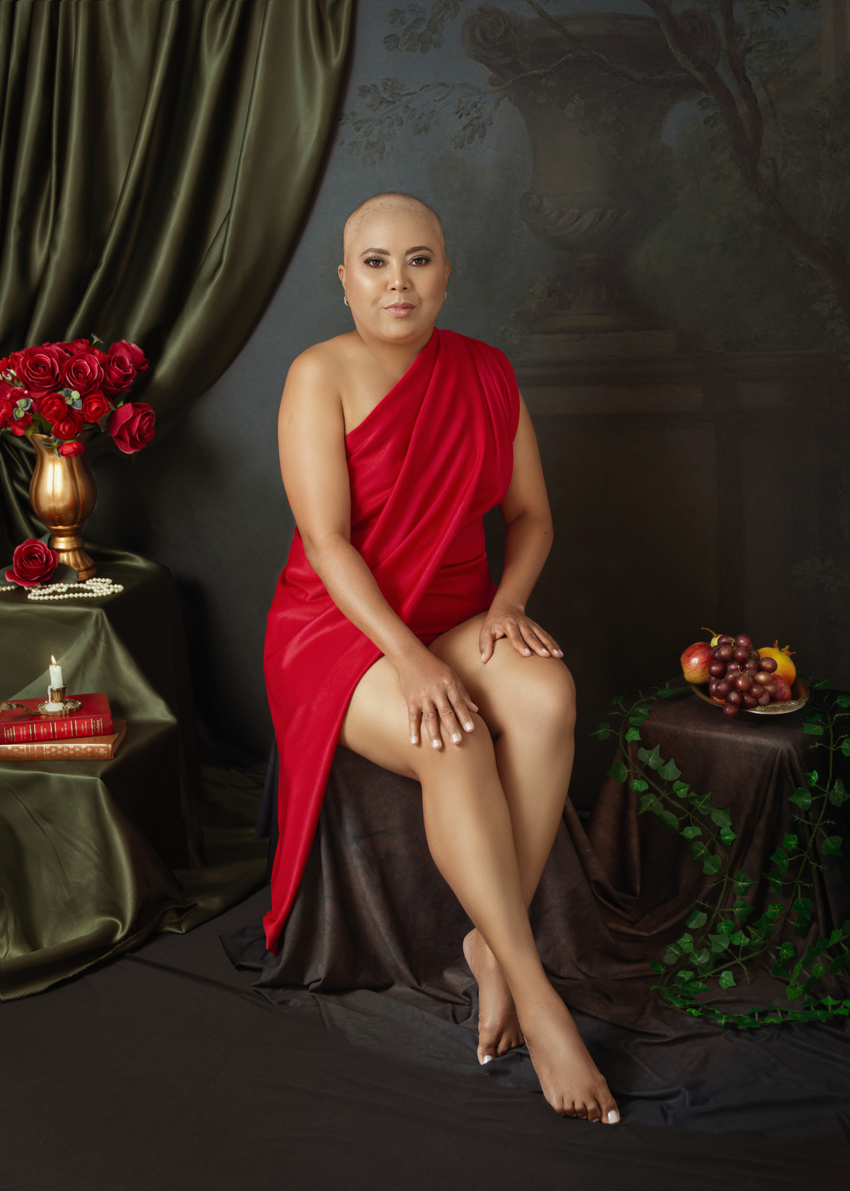 Sentada com vestido vermelho