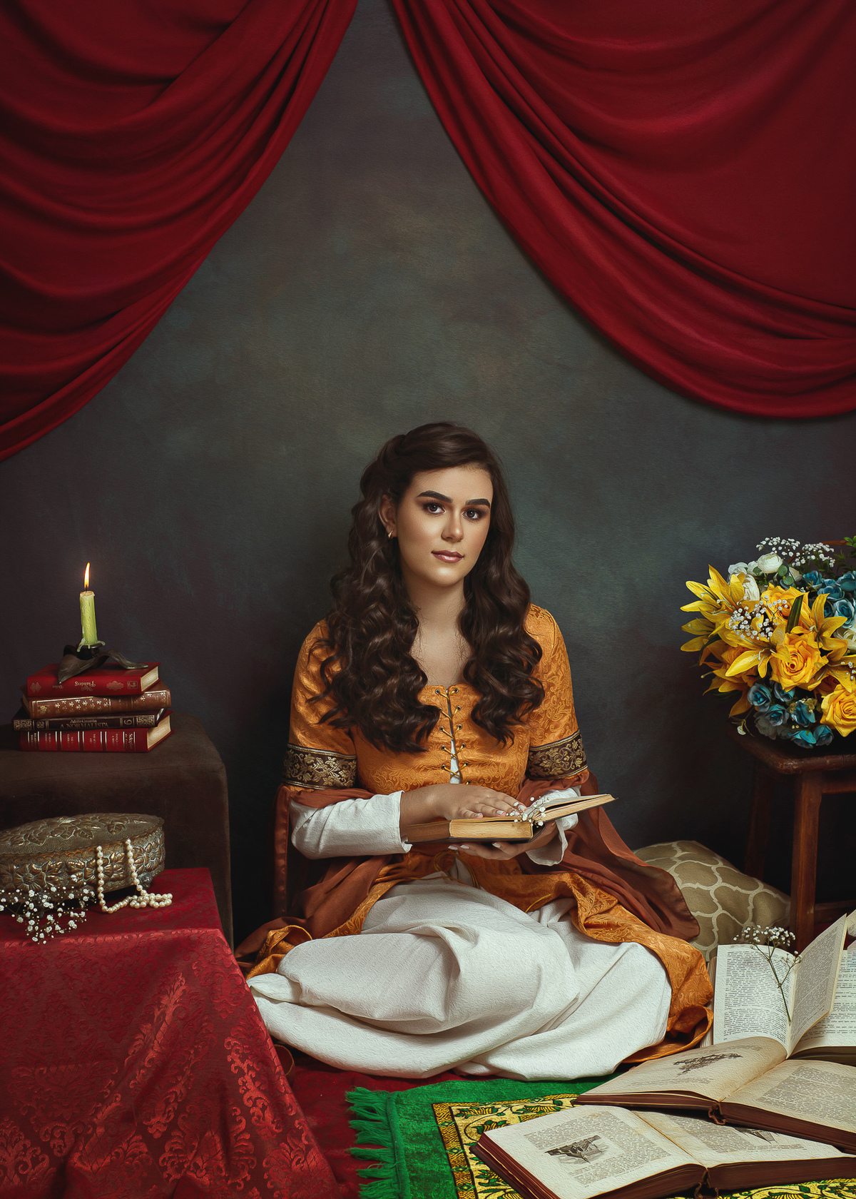 Flores, velas e livros no ensaio fotográfico 15 anos