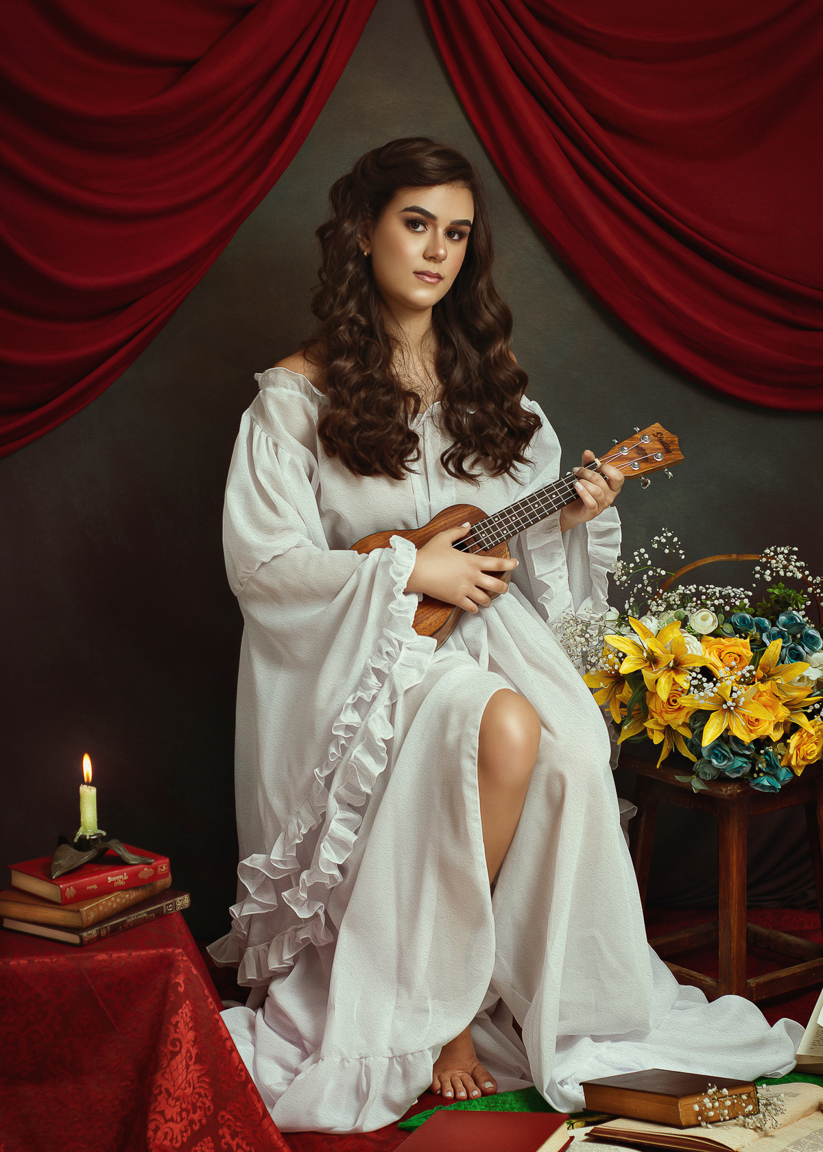 Tocando ukulele em ensaio fotográfico 