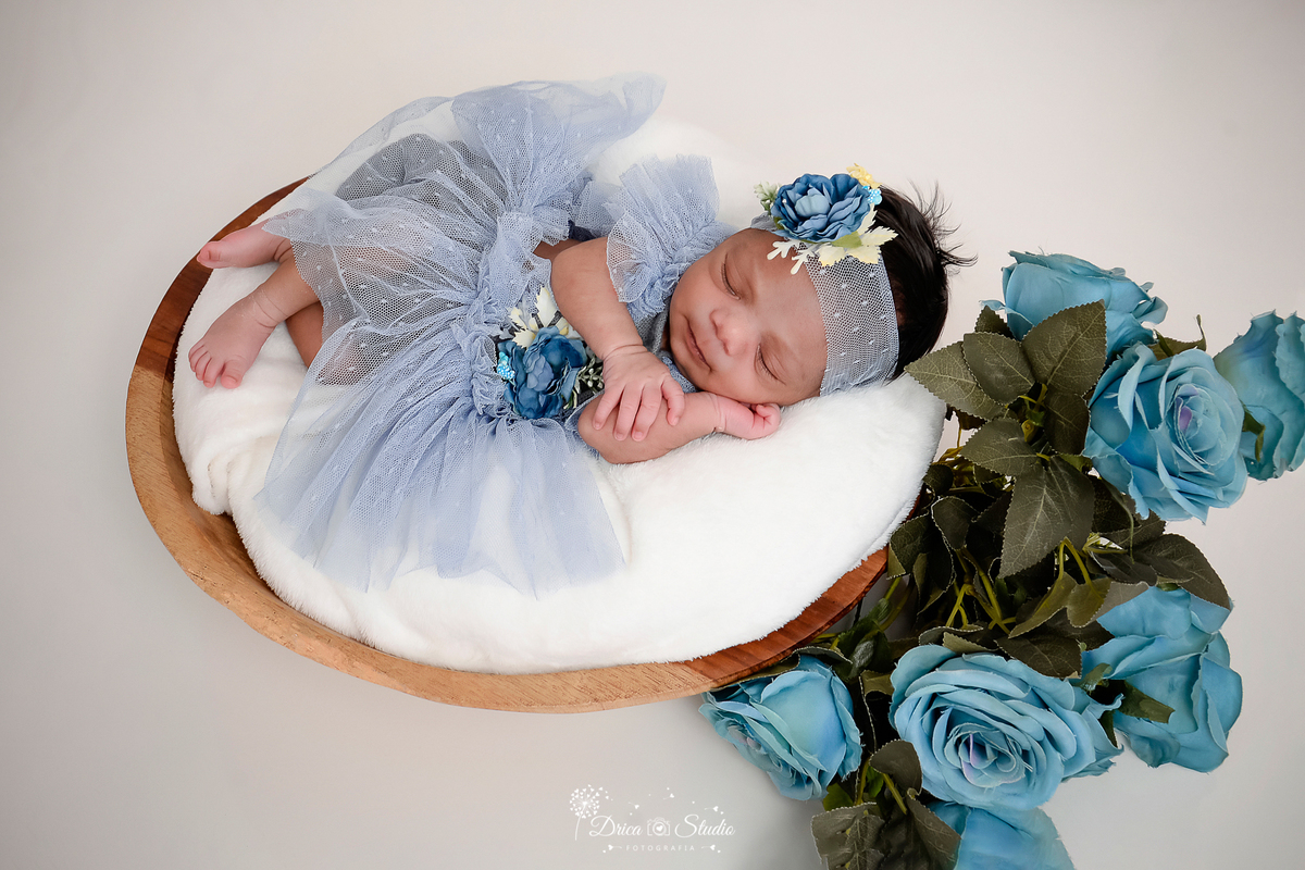Drica Studio - Drica Studio fotografias - Drica Studio Xinguara Pará - ensaio recém nascido - infantil - newborn - 15 dias - menina - flores azul -vestido azul - tule - fundo liso - branco - 