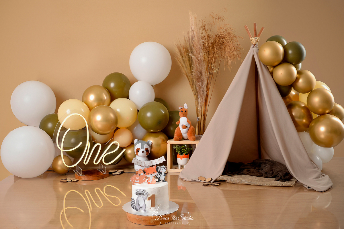 Drica Studio - Drica Studio fotografias - Xinguara Pará - smash the cake - cenario boho - cabaninha - marrom - verde - balões - bolo - 1 ano -  