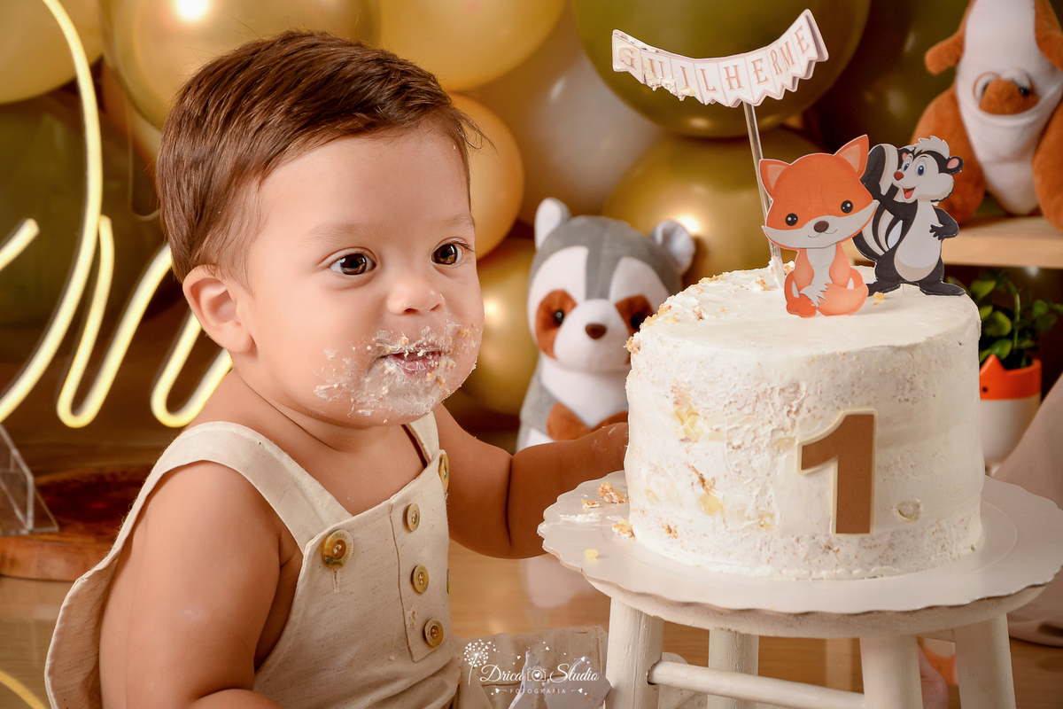 Drica Studio - Drica Studio fotografias - Xinguara Pará - smash the cake - cenario boho - marrom - verde - balões - bolo - comendo bolo - bosque encantado - one - lambuzado 