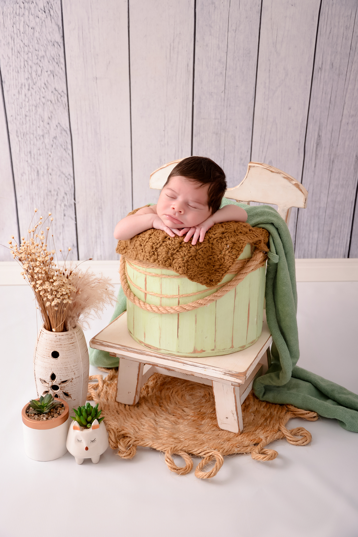 drica studio - ensaio fotográfico - newborn - recém-nascido - bebê dormindo -  bebê dentro do baldinho - paleta de cor verde - cenário rustico