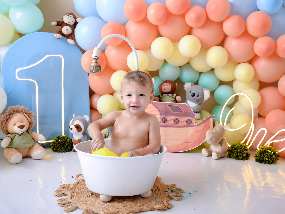drica studio - ensaio - arca de noé - smash the cake - bichinhos -banho - banheira - balões