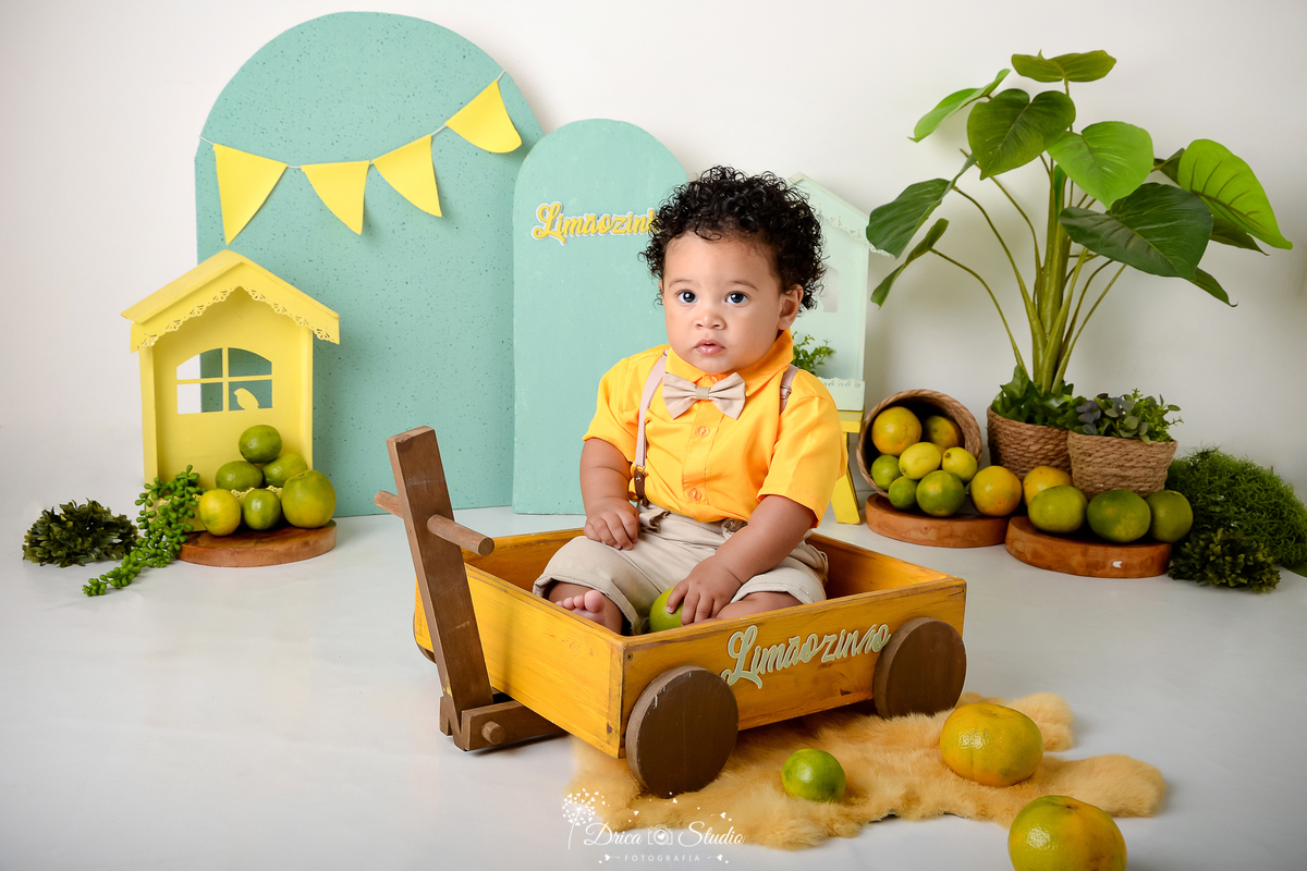 drica studio - ensaio fotográfico infantil - cenario de frutinha - menino dentro de carrinho de madeira - roupinha amarela - xinguara