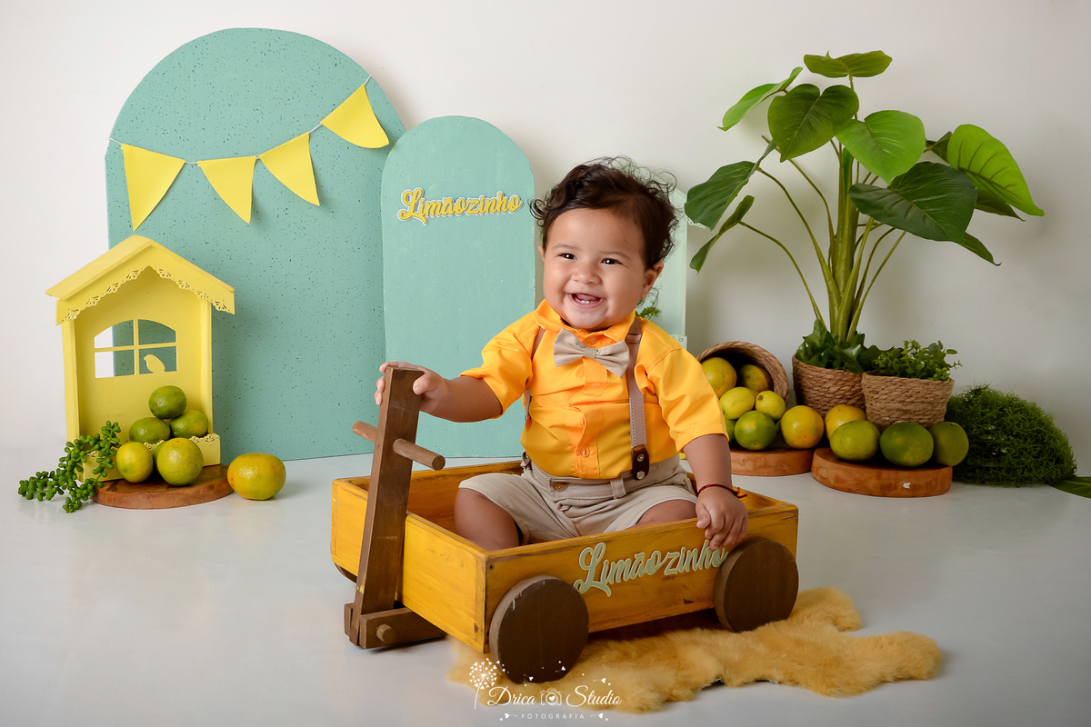 drica studio - ensaio ensaio fotográfico infantil - xinguara - bebê dentro de carrinho de madeira - cenário de frutas - roupinha amarela - bebê sorrindo - xinguara