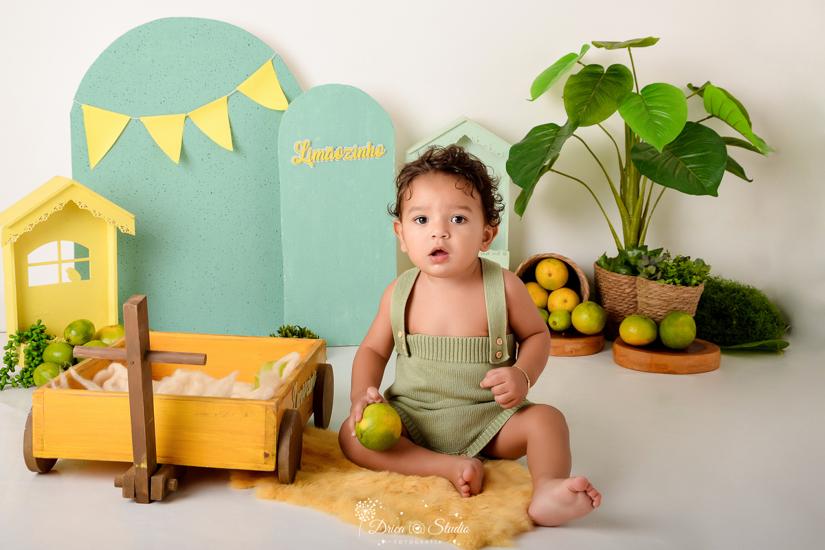 drica studio - ensaio fotográfico infantil - cenário de frutas cítricas - carrinho de madeira amarelo - menino vestindo macação verde - xinguara