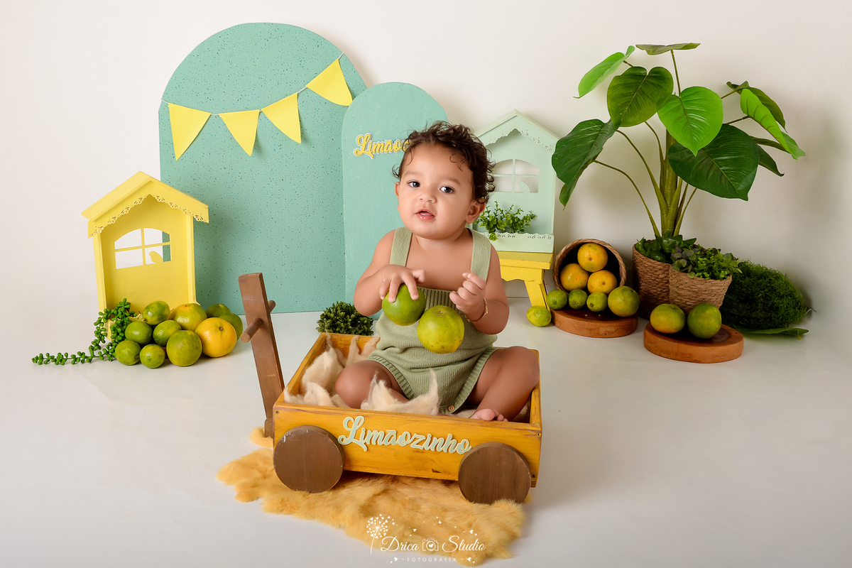 drica studio - ensaio fotográfico infantil - menino dentro de carrinho de madeira amarelo - casinha amarela - xinguara