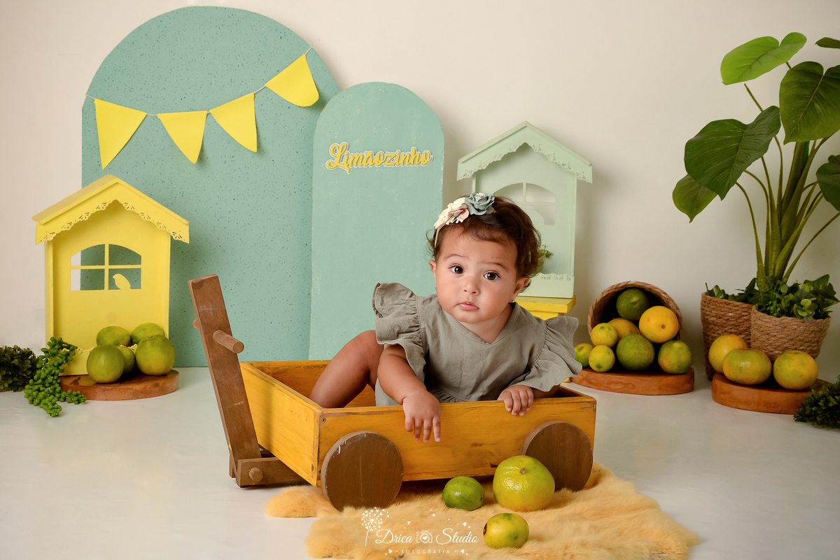 drica studio - ensaio fotográfico infantil - cenário frutas cítrica - laranja - limão - menina dentro de corrido de madeira - carrinho madeira amarelo - casinha amarela - fundo verde erva-doce - xinguara