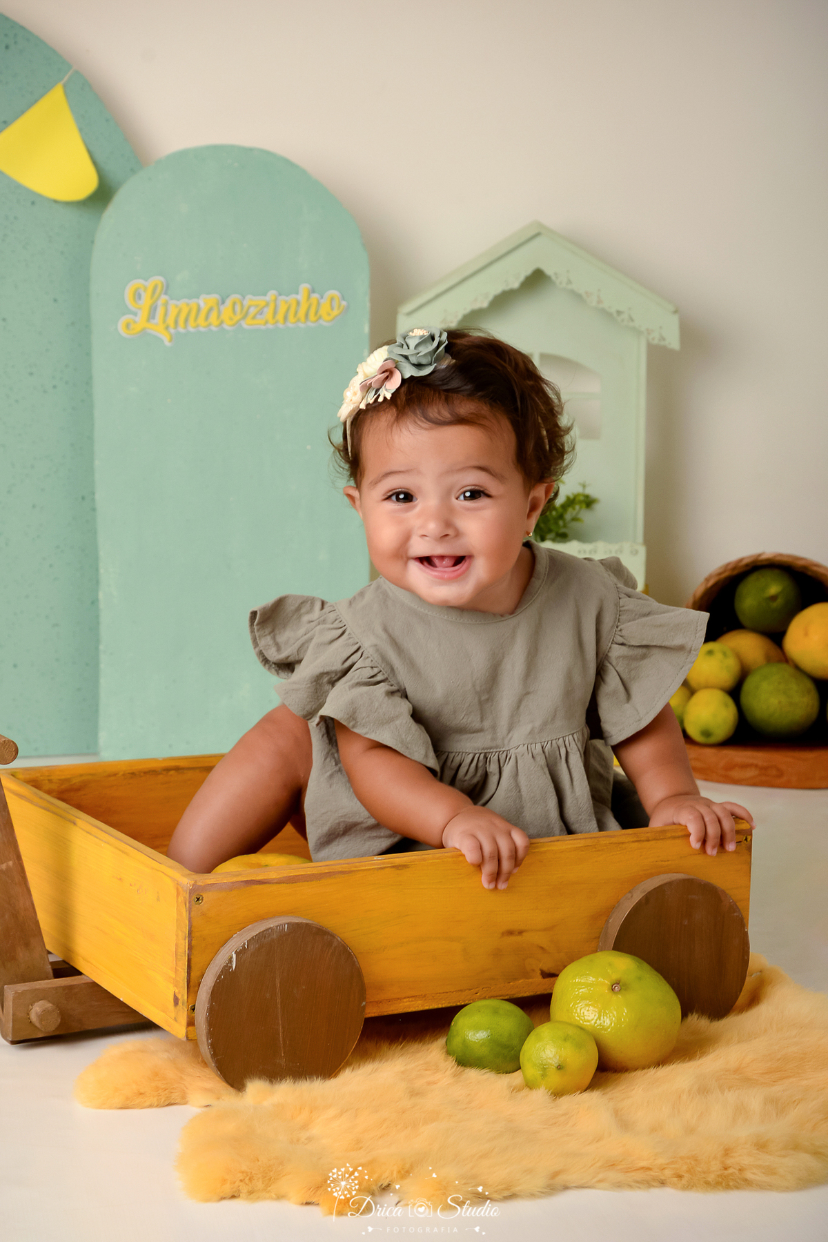 drica studio - ensaio fotográfico infantil - carrinho de madeira amarelo - menina sorrindo - vestido verde militar - xinguara