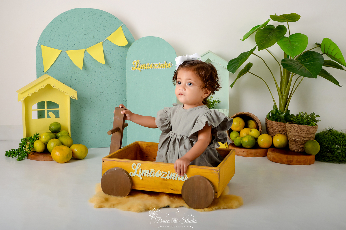drica studio - ensaio fotográfico infantil - casinha amarela - menina sentada dentro de carrinho de madeira - menina com laço na cabeça - limãozinho - xinguara