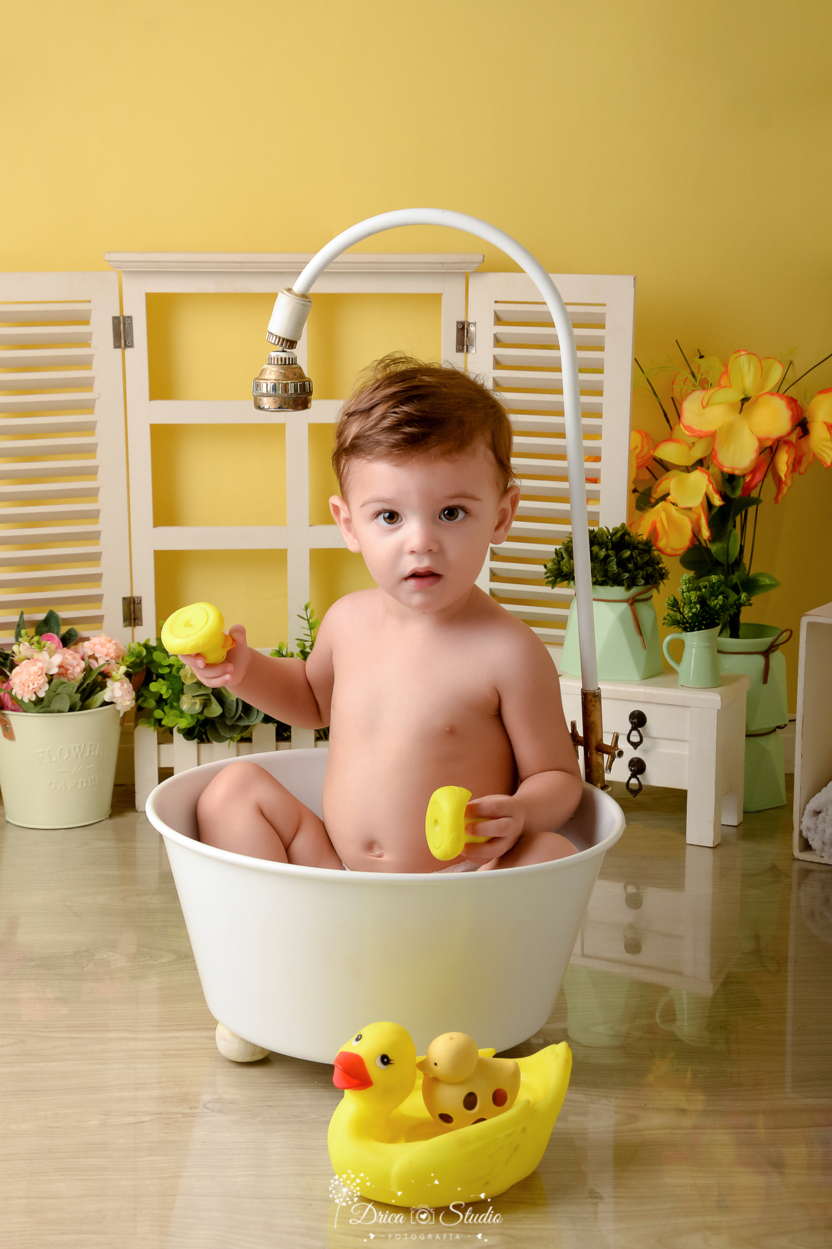 drica studio - ensaio fotográfico - xinguara - menino banhando em banheira branca, segurando dois patinhos amarelo de borracha -  janela branca - cômoda branca com vasos verdes e flores amarelas