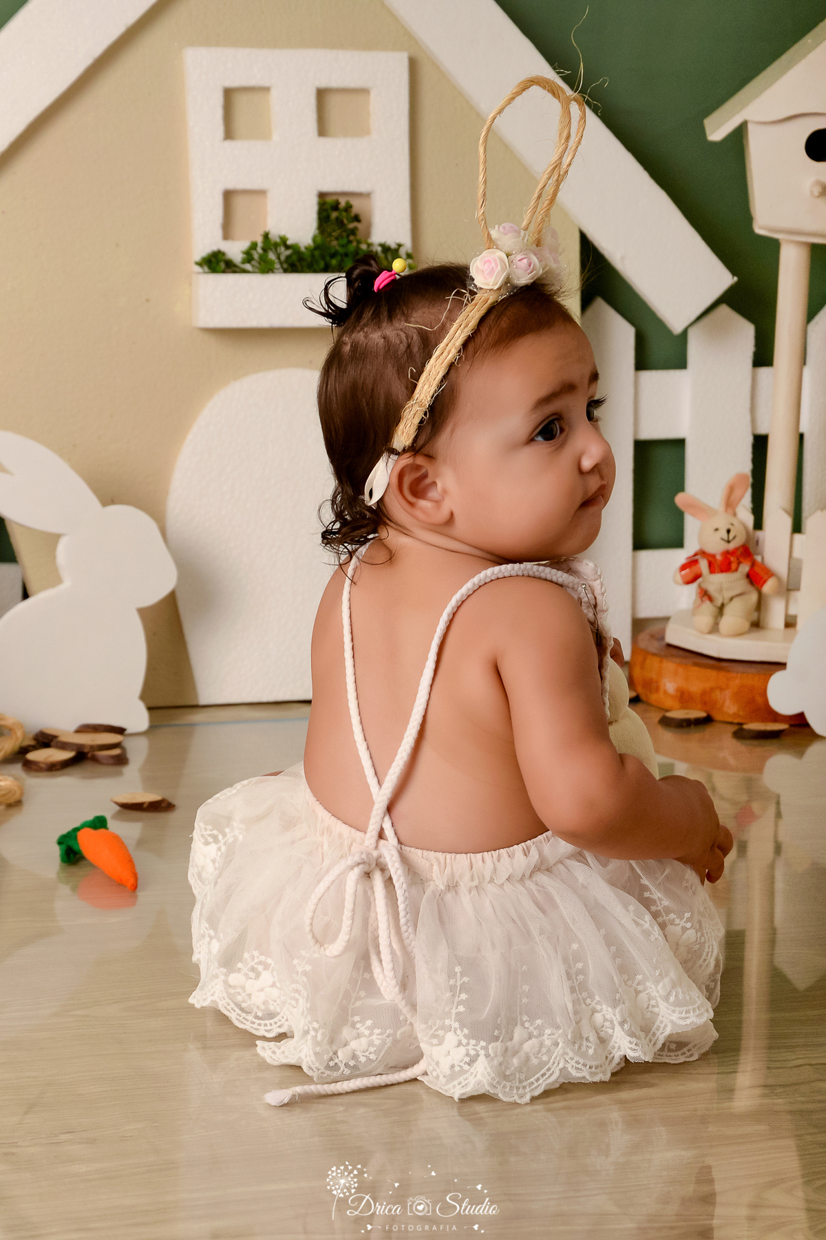drica studio - ensaio fotográfico infantil - cenario de páscoa - menina sentada no chão de costa, coelhos - casa de coelho - cenoura  